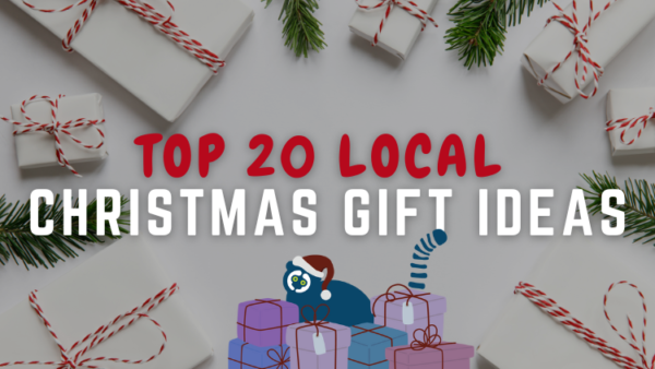 A banner for Tip n' Tag's Weekender post with gifts wrapped in white and candy cane ribbons with a few tree leafs in between with the title " Top 20 Local Christmas Gift Ideas" and a lemur wearing a christmas hat with gifts around him at the bottom